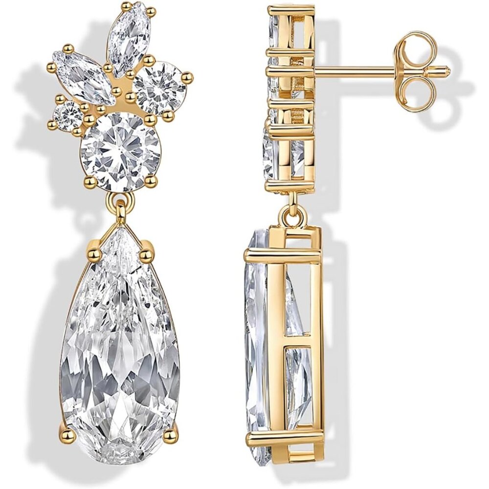 14K Gold Plated Cubic Zirconia Dangle Earrings for Women - Crystal Long Linear B